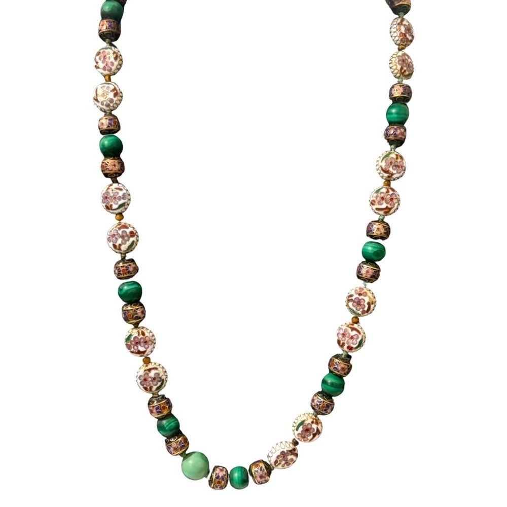 Fabulous Vintage chinese Cloisonné and malachite long necklace